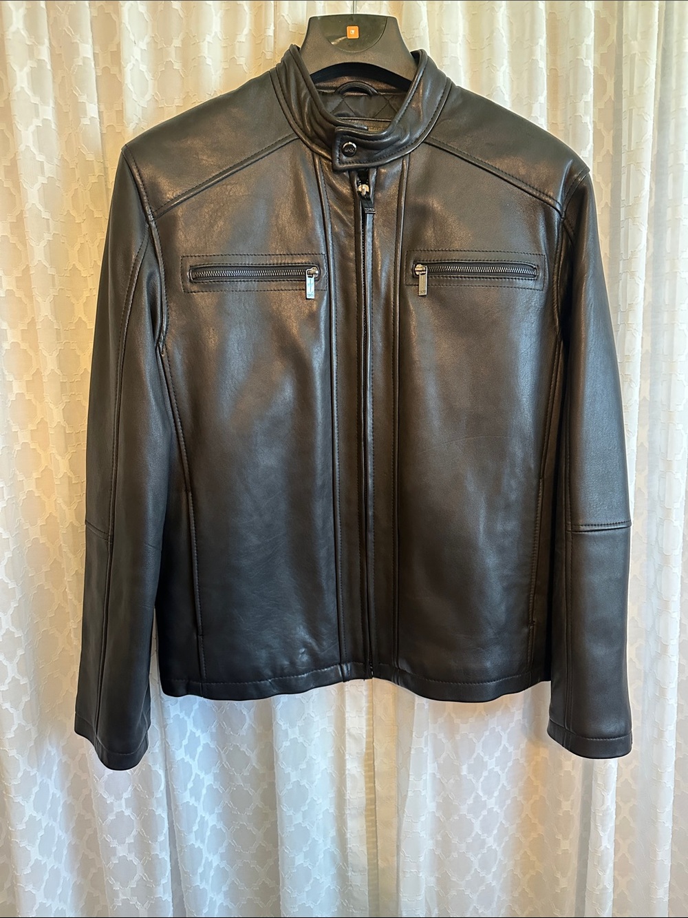 #888 Andrew Marc Black Leather Stand-Collar Bomber Jacket